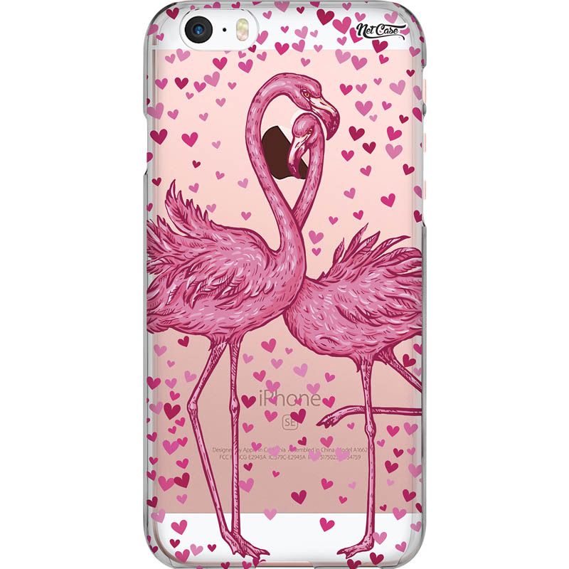 Capa Silicone NetCase Transparente Casal Flamingos e Corações