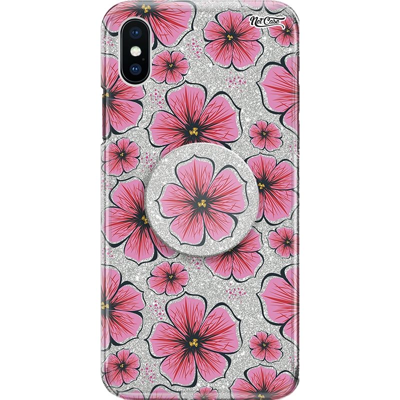Capa Netcase Glitter + Pop 3in1 Prata - Florzinhas Rosa