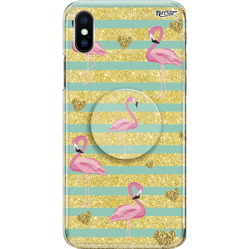 Capa Netcase Glitter + Pop 3in1 Dourado - Flamingos Corações Dourado