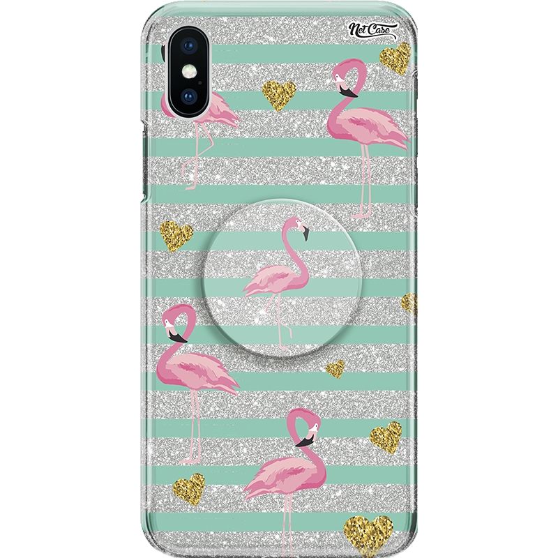 Capa Netcase Glitter + Pop 3in1 Prata - Flamingos Corações Dourado