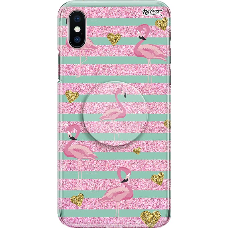 Capa Netcase Glitter + Pop 3in1 Rosa - Flamingos Corações Dourado