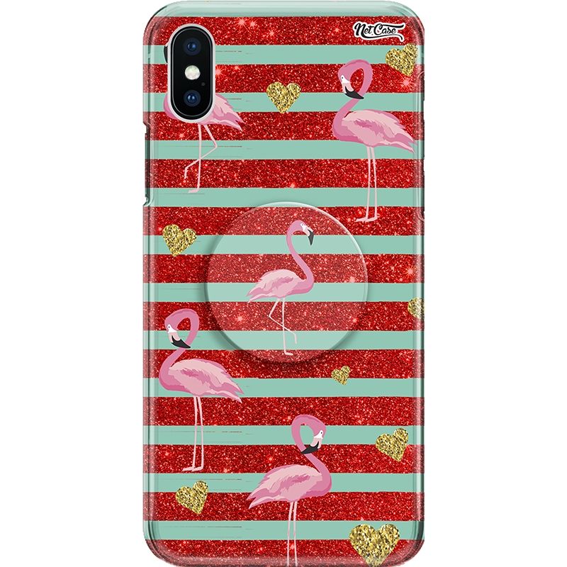 Capa Netcase Glitter + Pop 3in1 Vermelho - Flamingos Corações Dourado