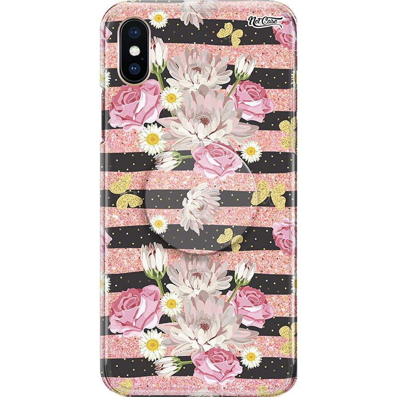 Capa Netcase Glitter + Pop 3in1 Rosê - Poás e Listras Flores e Borboletas