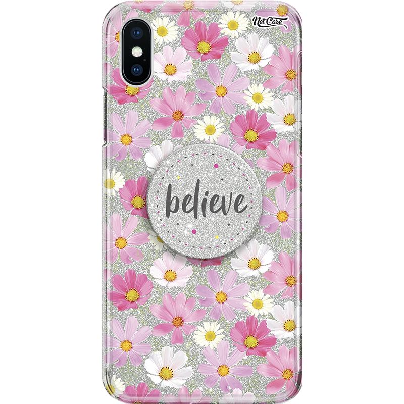 Capa Netcase Glitter + Pop 3in1 Prata - Margaridas Rosa e Branca