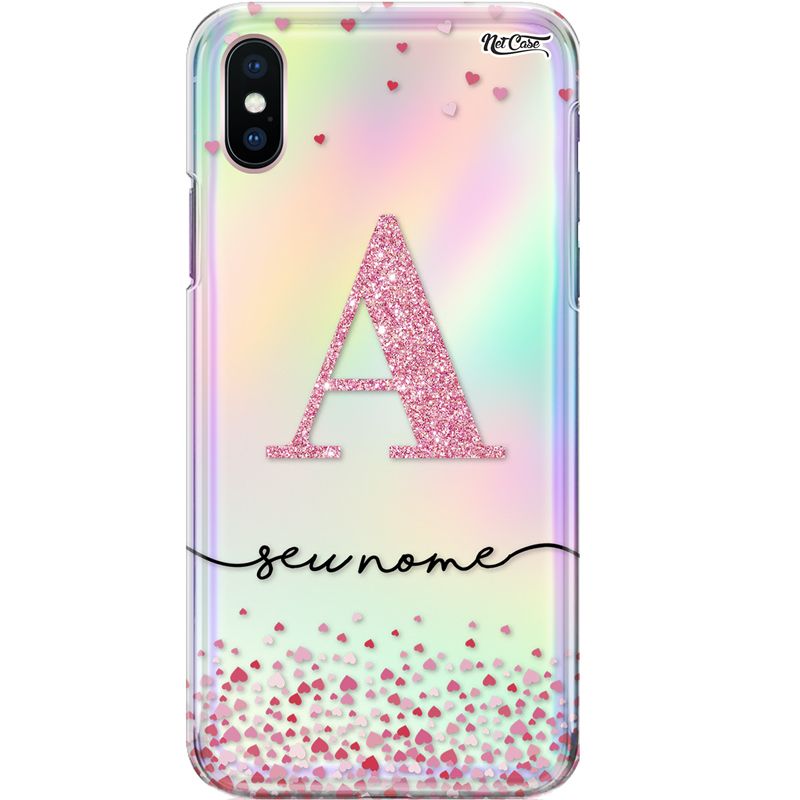 Capa Silicone NetCase Holográfica Letra Glitter com Corações