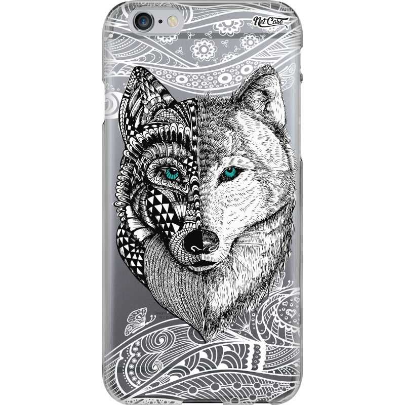 Capa Silicone NetCase Transparente Lobo Meio a Meio Mandala