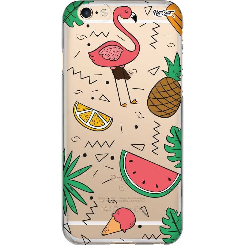 Capa Silicone NetCase Transparente Flamingo Frutas Tropicais