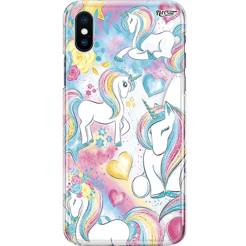 Capa Silicone NetCase Chapada Unicórnios Corações e Flores Azul e Rosa