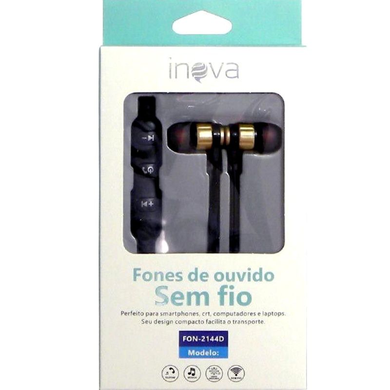 Fone de Ouvido Bluetooth Inova FON-2144D - Preto c/ Dourado