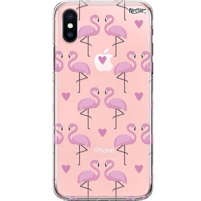 Capa Silicone NetCase Transparente Flamingos Coraçõezinhos Rosa