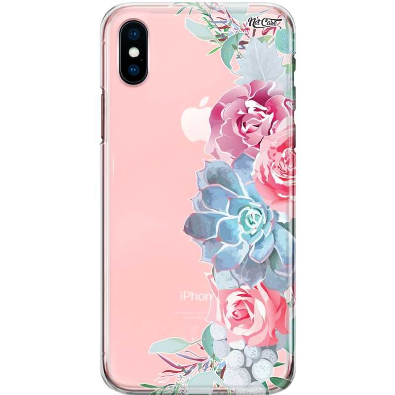 Capa Silicone NetCase Transparente Arranjo Flores Rosas cor-de-Rosa e Azul