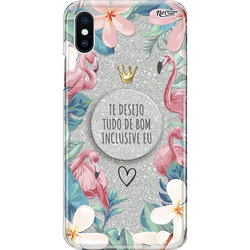 Capa Netcase Glitter + Pop 3in1 Prata - Flamingos: Te Desejo Tudo de Bom... Inclusive Eu