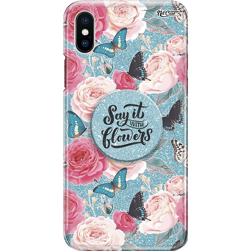 Capa Netcase Glitter + Pop 3in1 Azul - Floral Peônias e Borboletas