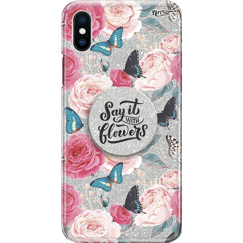 Capa Netcase Glitter + Pop 3in1 Prata - Floral Peônias e Borboletas
