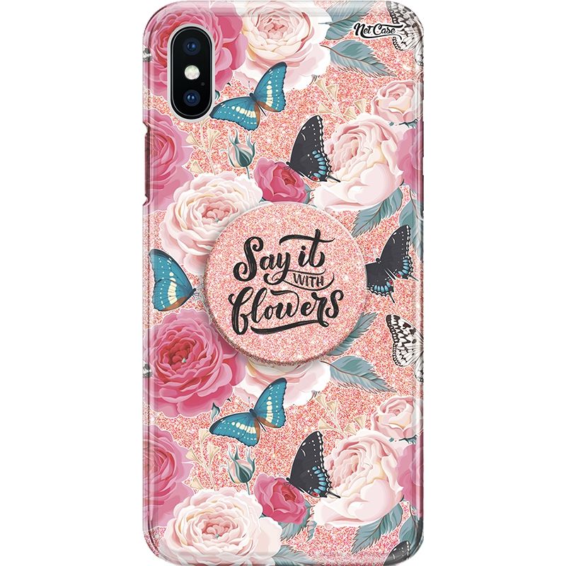 Capa Netcase Glitter + Pop 3in1 Rosê - Floral Peônias e Borboletas