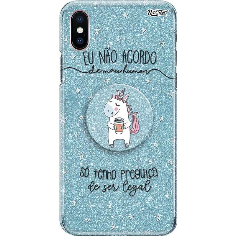 Capa Netcase Glitter + Pop 3in1 Azul - Eu Não Acordo de Mau Humor...