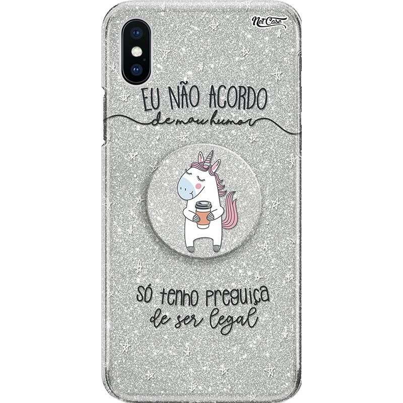 Capa Netcase Glitter + Pop 3in1 Prata - Eu Não Acordo de Mau Humor...