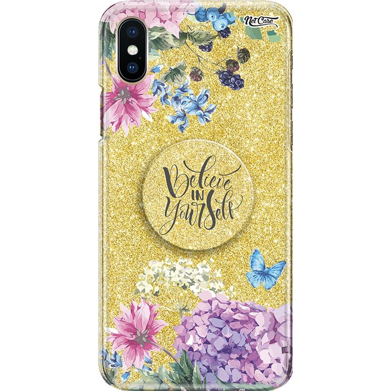 Capa Netcase Glitter + Pop 3in1 Dourado - Flores Believe in Yourself