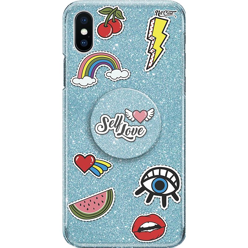 Capa Netcase Glitter + Pop 3in1 Azul - Camuflada Stickers Self Love