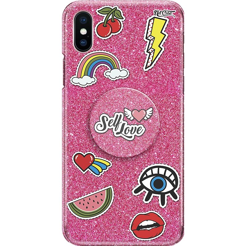 Capa Netcase Glitter + Pop 3in1 Pink - Stickers Self Love