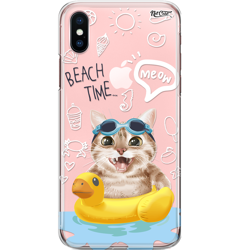 Capa Silicone NetCase Transparente Meow Cat: Beach Time...