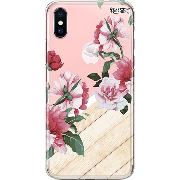 Capa Silicone NetCase Transparente Pink and Red Flowers On Wood