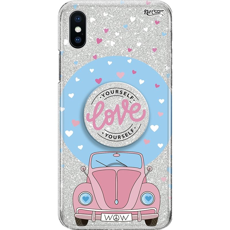 Capa Netcase Glitter + Pop 3in1 Prata - Fusca Rosa Love Yourself