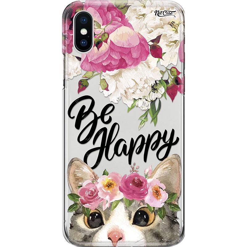Capa Silicone NetCase Transparente Floral Cat: Be Happy 