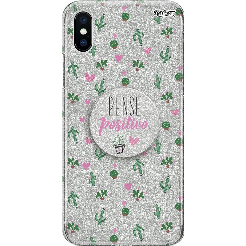 Capa Netcase Glitter + Pop 3in1 Prata - Cactos e Corações Pense Positivo