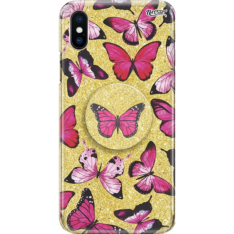 Capa Netcase Glitter + Pop 3in1 Dourado - Borboletas Pink