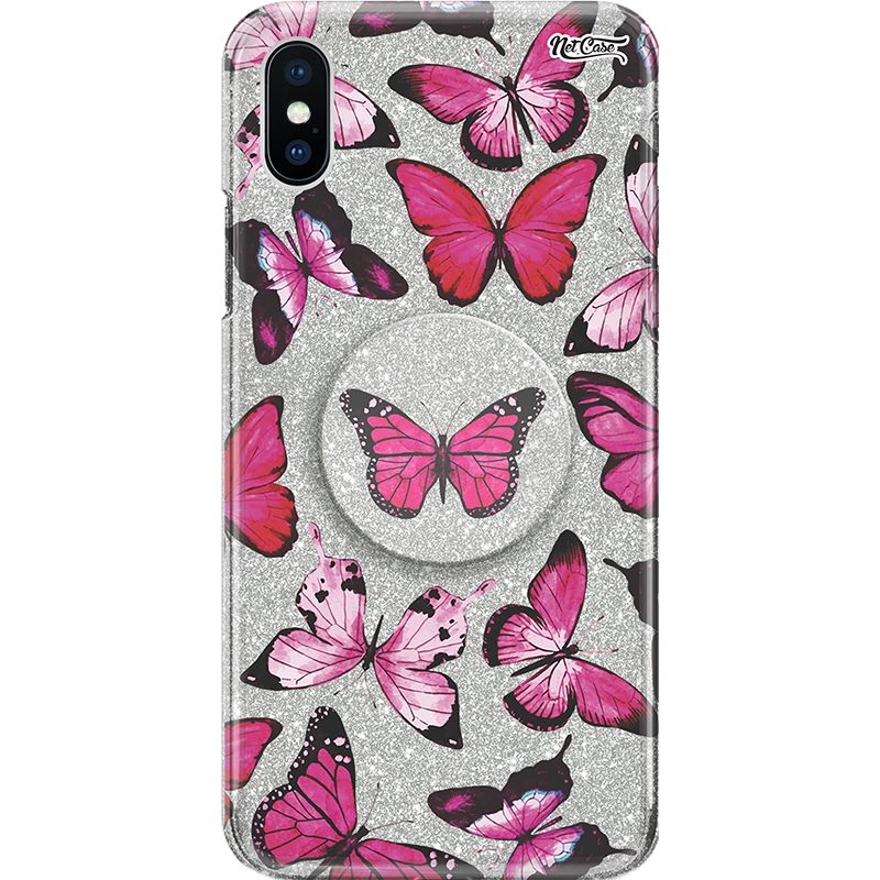 Capa Netcase Glitter + Pop 3in1 Prata - Borboletas Pink