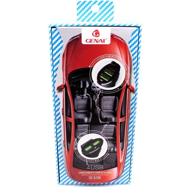 2 Carregador Veicular Genai com 4 Usb Universal - CC-5105 - Preto 