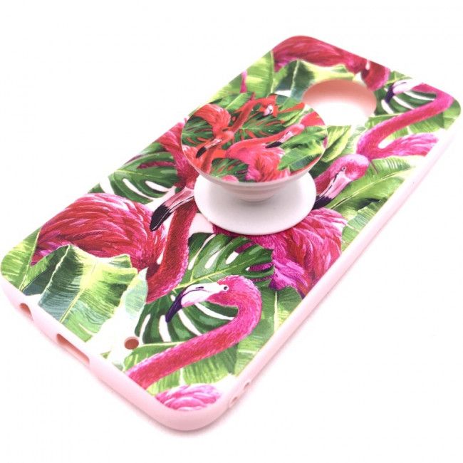 Capa Pop Socket - Flamingos Folhas Pink