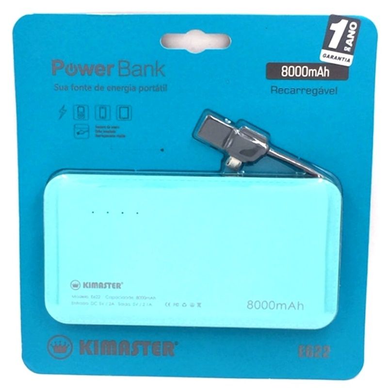 Bateria Extra Portátil Universal Power Bank Slim Kimaster Usb - E622 - 8000mAh - Azul