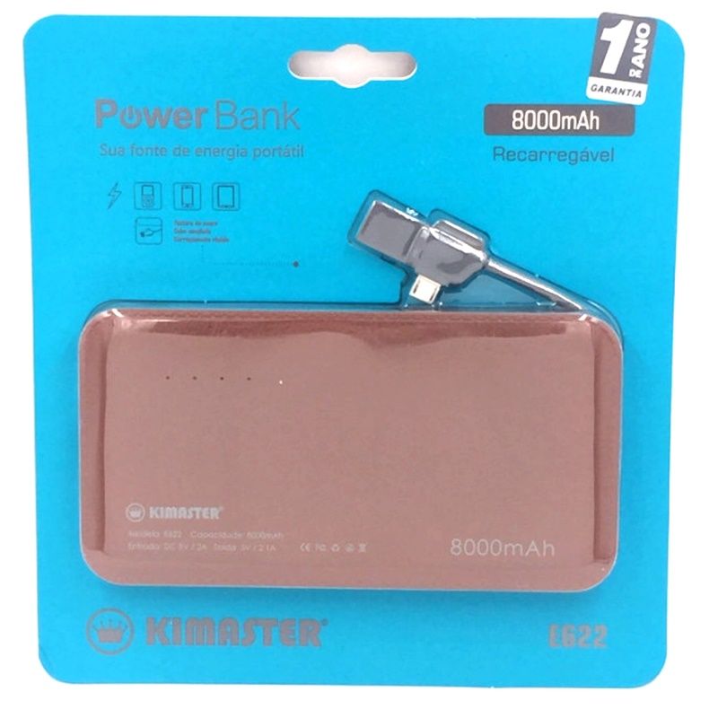 Bateria Extra Portátil Universal Power Bank Slim Kimaster Usb - E622 - 8000mAh - Marrom