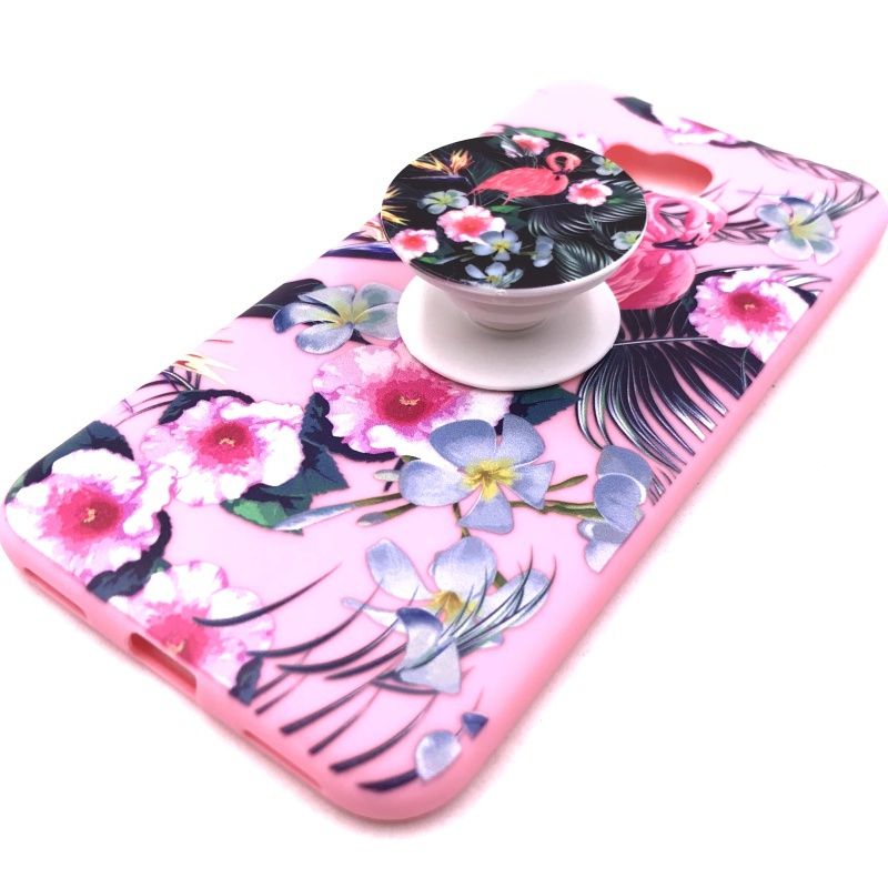 Capa Pop Socket - Flamingos e Flores Rosa e Preto para Zenfone 4 Selfie