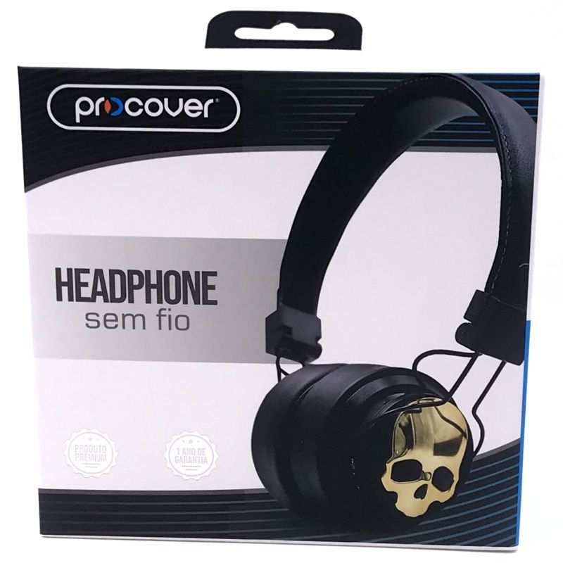 Fone de Ouvido Bluetooth Procover Caveira PC001 - Preto e Dourado