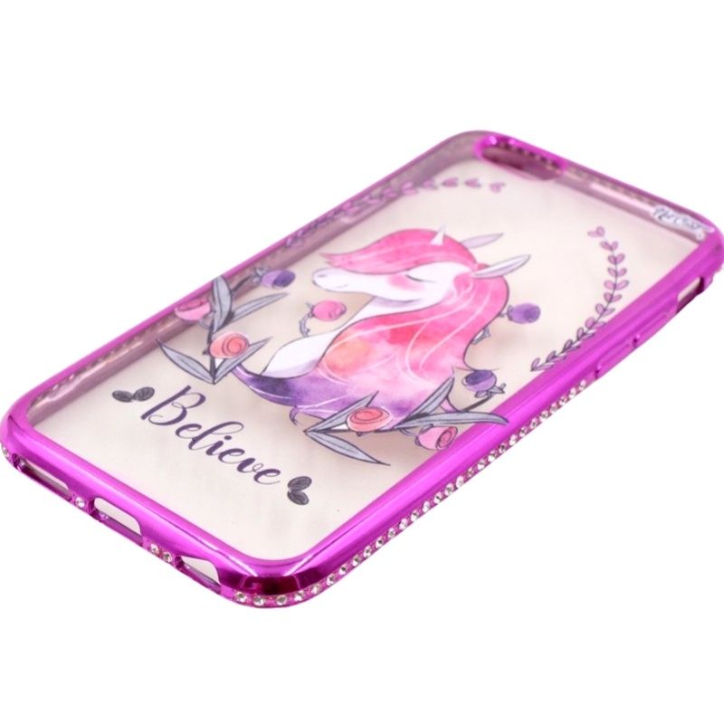 Capa Netcase Metálica com Strass Flexível - Unicorn: Believe Pink p/ IPhone 6/6s 