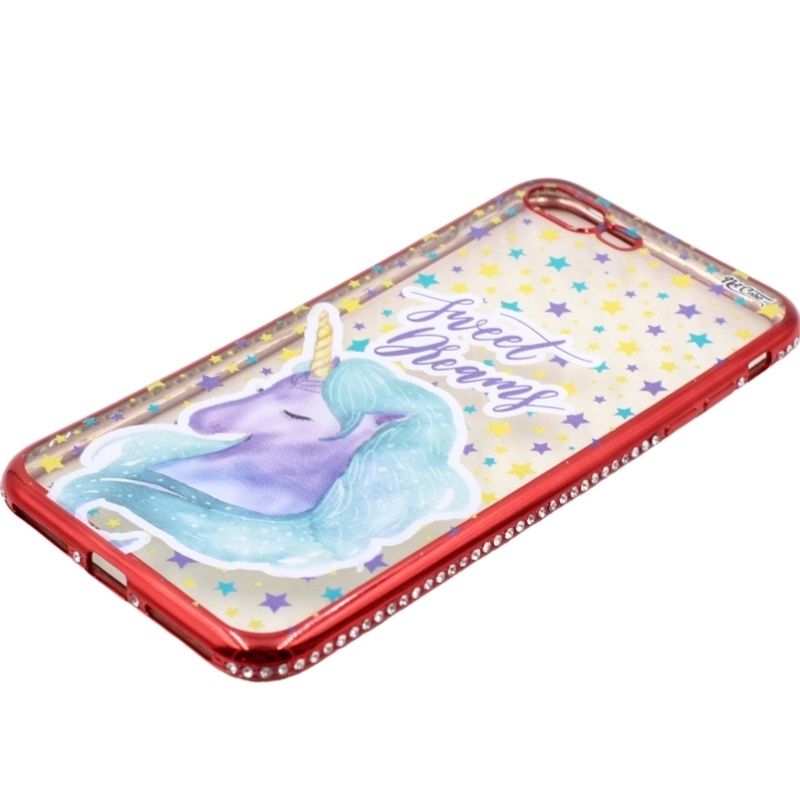 Capa Netcase Metálica com Strass Flexível - Unicórnio Estrelinhas Sweet Dreams Vermelho p/ IPhone 7 Plus/8 Plus