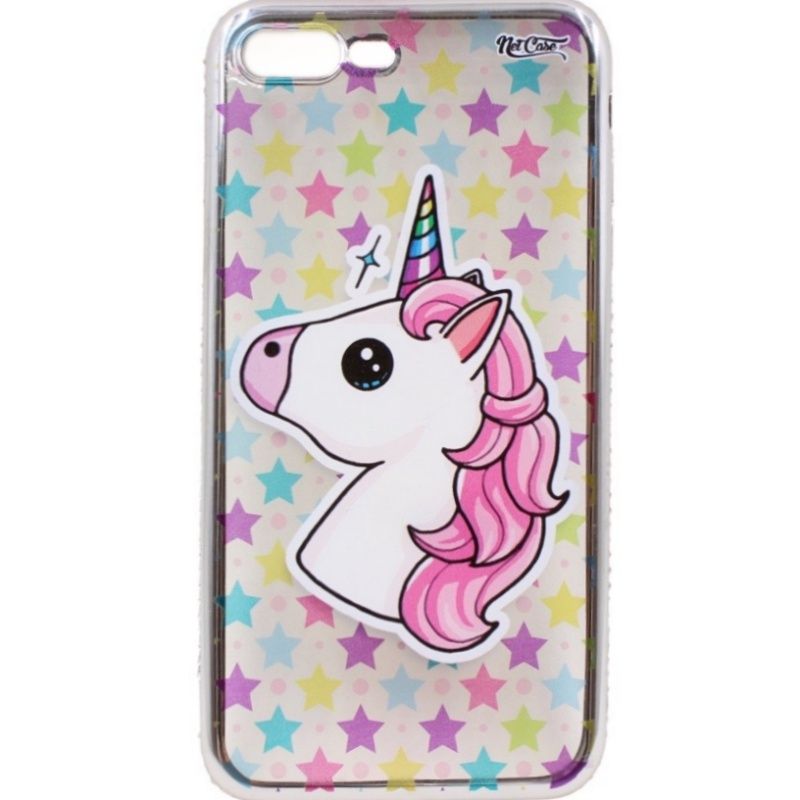 Capa Netcase Metálica com Strass Flexível -  Unicorn Colorful Stars Prata p/ IPhone 7 Plus/8 Plus