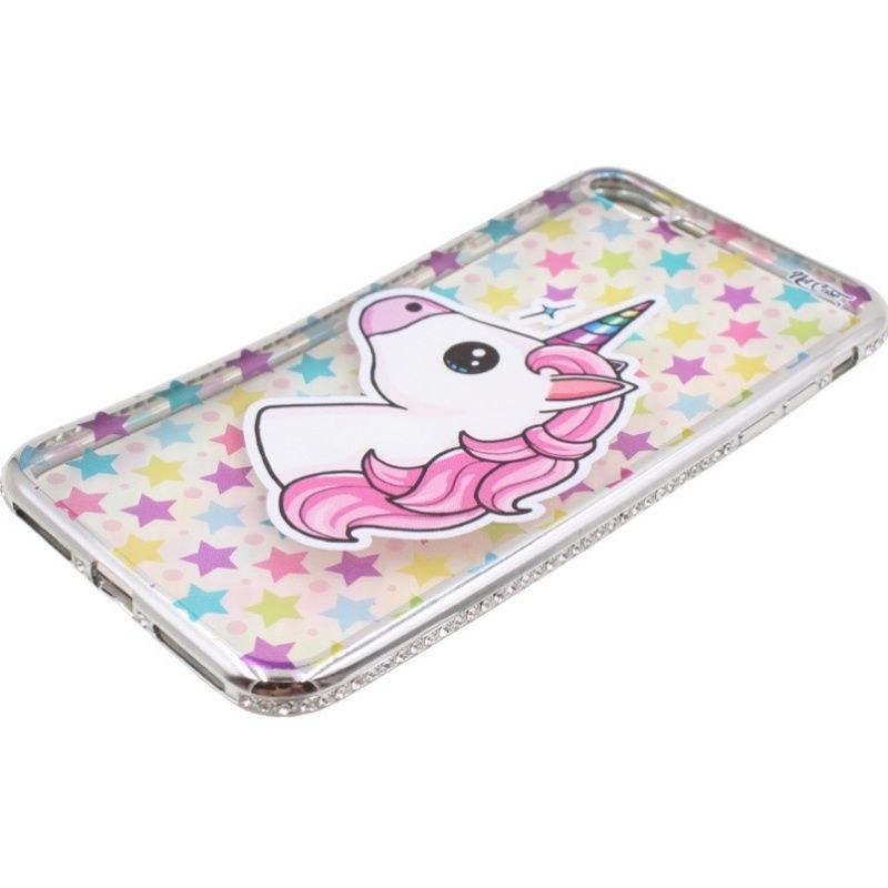Capa Netcase Metálica com Strass Flexível -  Unicorn Colorful Stars Prata p/ IPhone 7 Plus/8 Plus
