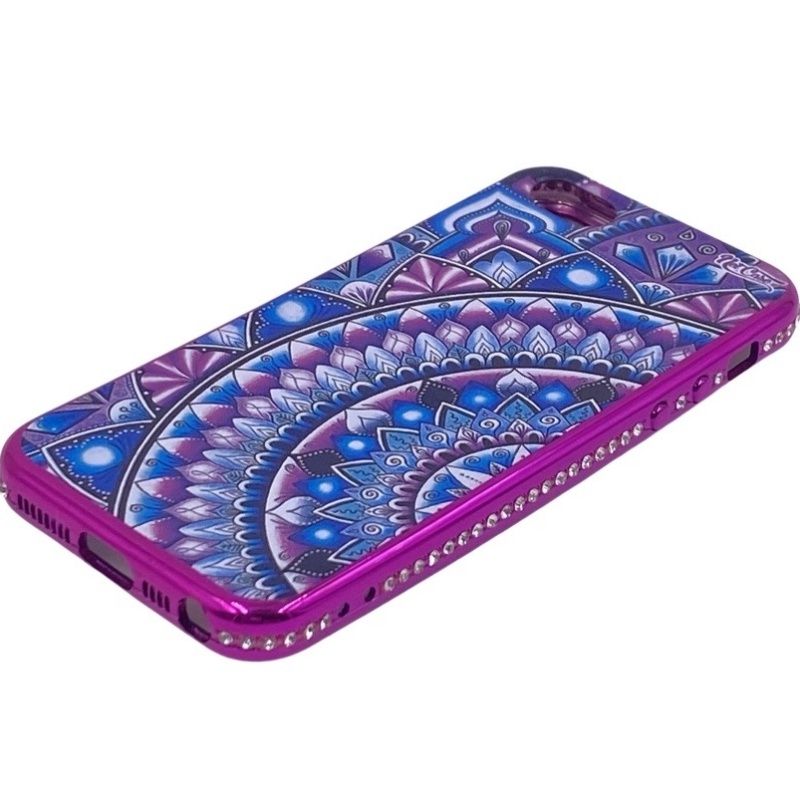 Capa Netcase Metálica com Strass Flexível Pink - Flor de Lótus Violeta e Azul p/ IPhone 5/5s/SE