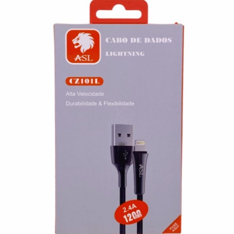 Cabo de Dados Usb Lightning ASL CZ101L - Tipo Nylon Trançado - Para IPhone/IPad/IPod - Preto 