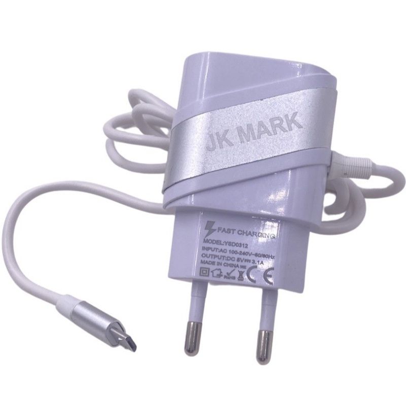 Carregador de Parede Usb Dual JK Mark - Micro Usb/V8 - Branco c/ Prata