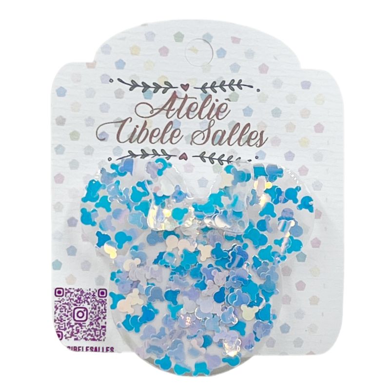 Suporte Pop Socket Brilho - Mini Minnies Lacinho Confetes Azul e Prata