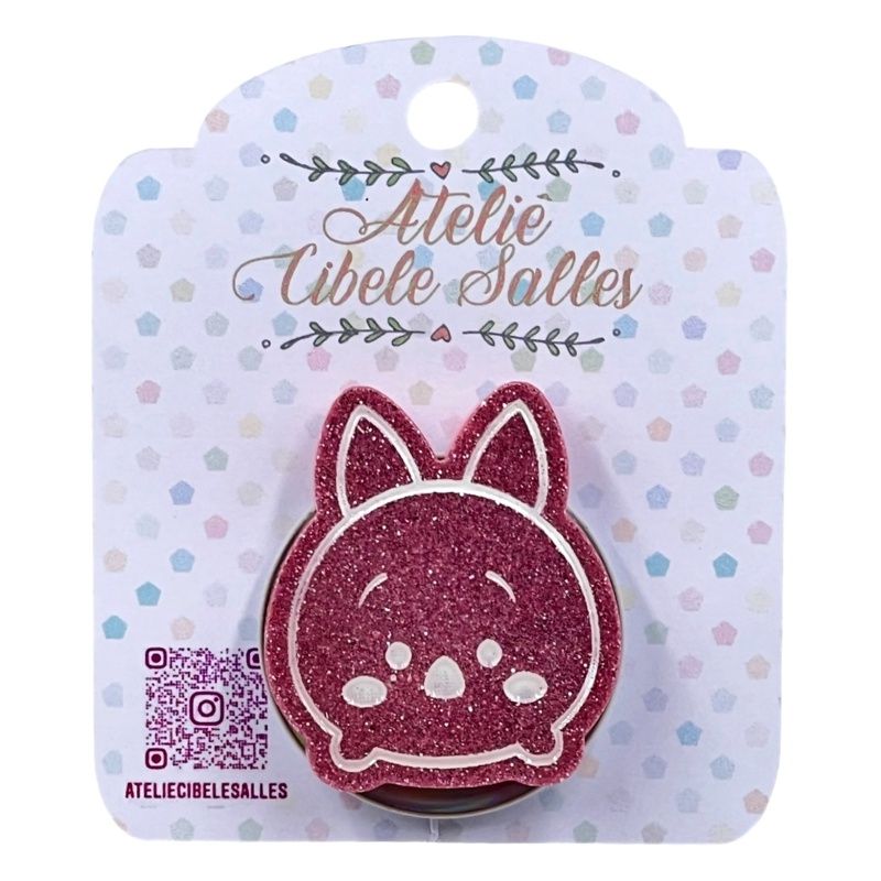 Suporte Pop Socket Brilho - Leitão Glitter Rosa