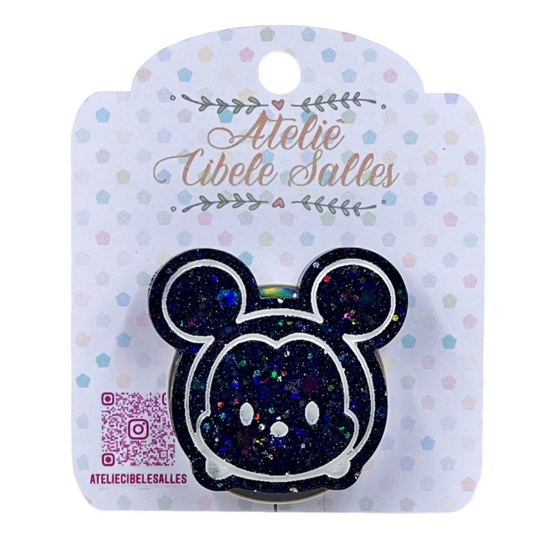 Suporte Pop Socket Brilho - Mickey Glitter Confetes Preto