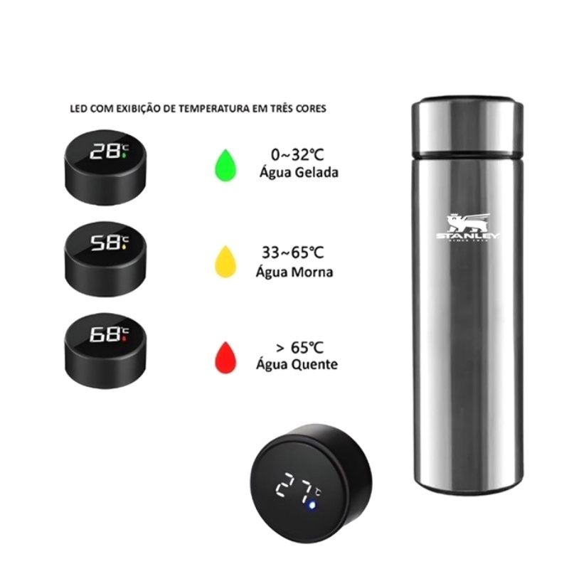 Garrafa Térmica 500ml T&Z c/ Sensor De Temperatura Em Led Touch - Prata